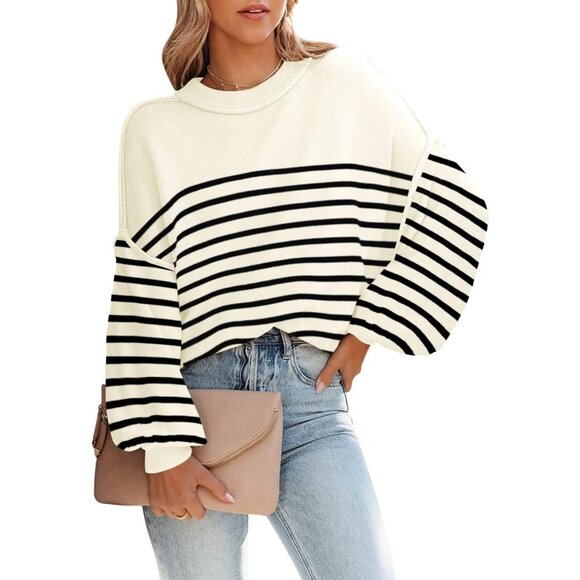 Women's Apricot Batwing Long Sleeve Crew Neck Striped Oversized Pullover Sweater - Picture 2 of 5